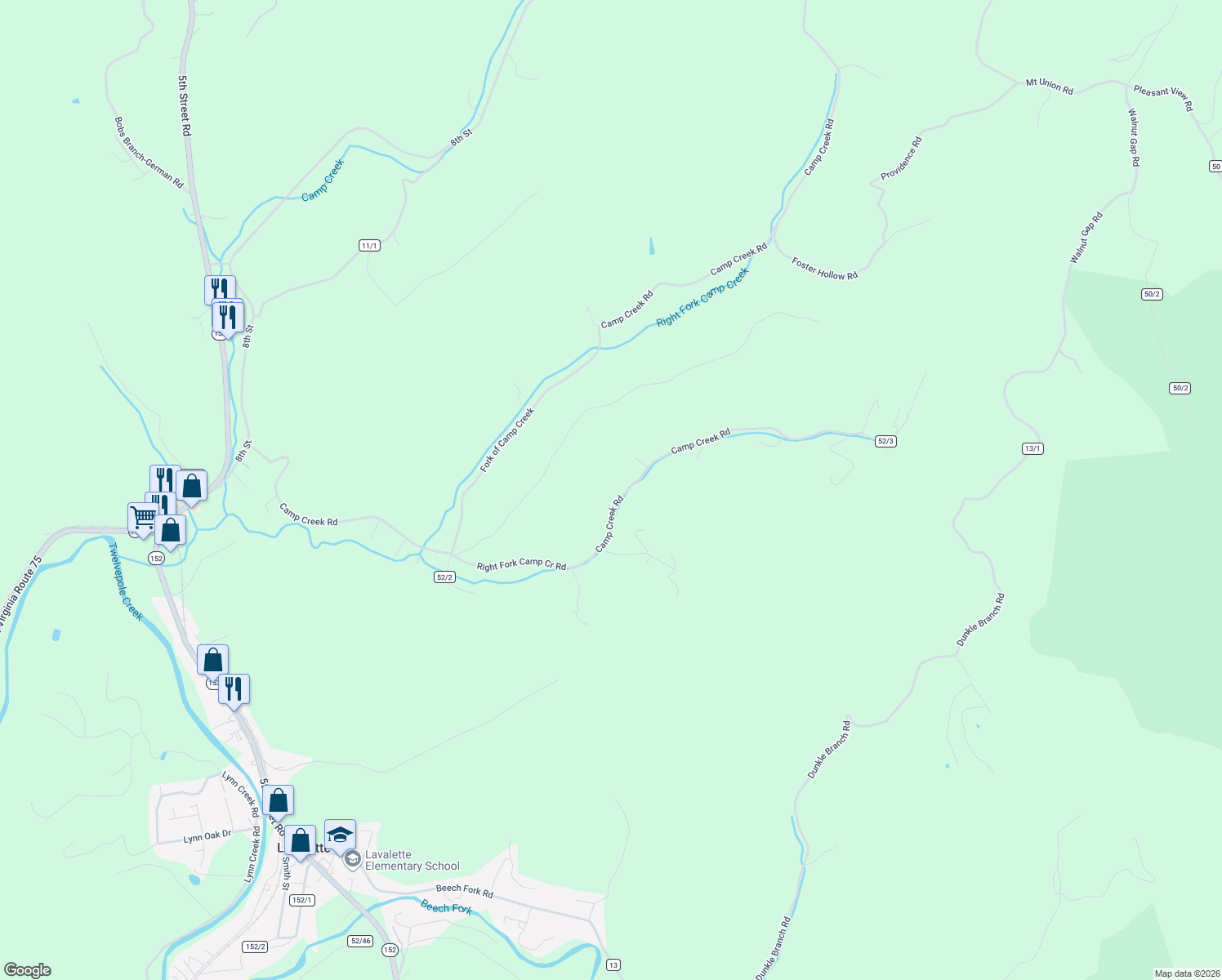 map of restaurants, bars, coffee shops, grocery stores, and more near 4433 Camp Creek Road in Lavalette