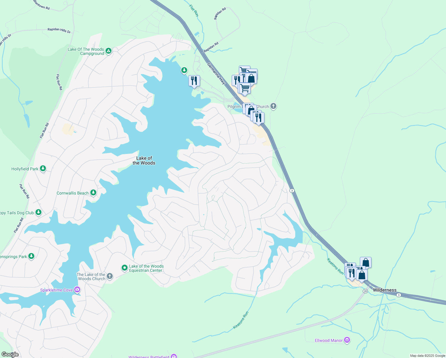map of restaurants, bars, coffee shops, grocery stores, and more near 203 Fairway Drive in Locust Grove