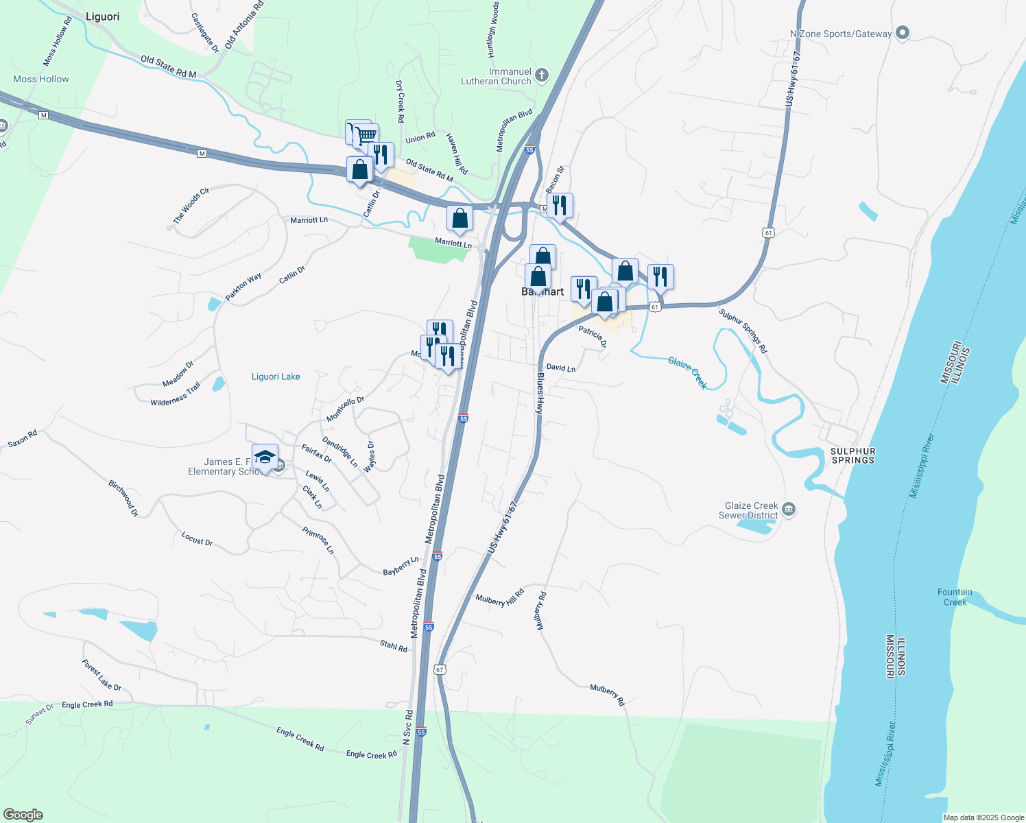 map of restaurants, bars, coffee shops, grocery stores, and more near 7127 Valley Drive in Barnhart