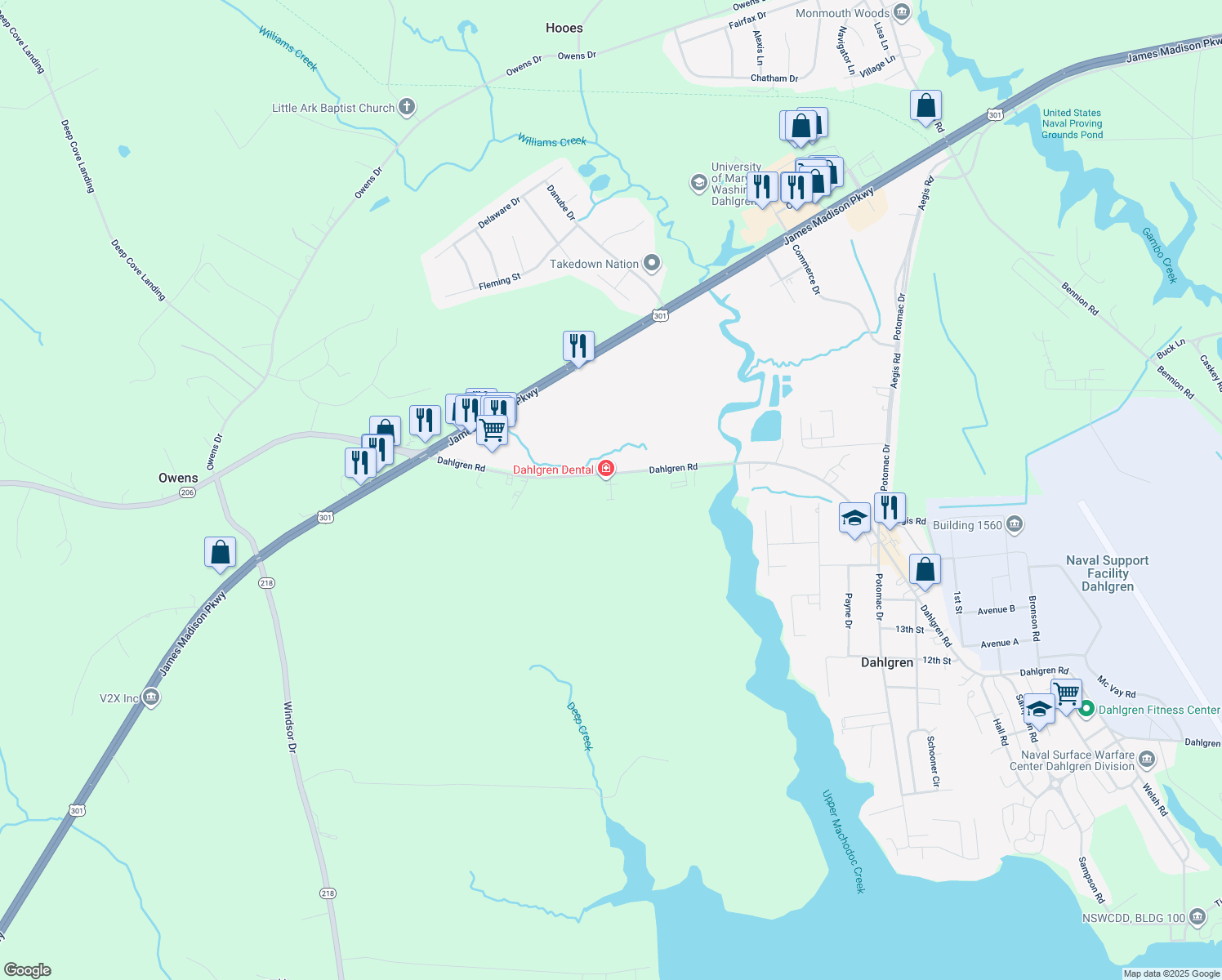 map of restaurants, bars, coffee shops, grocery stores, and more near 5235 King's Wood Lane in King George