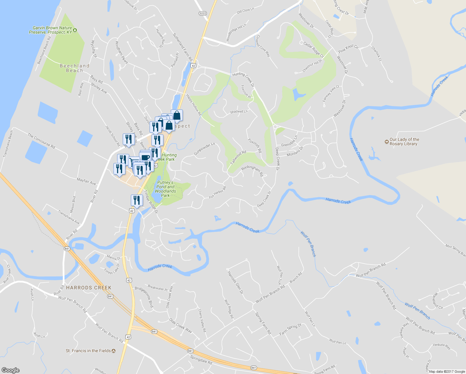 map of restaurants, bars, coffee shops, grocery stores, and more near 6105 Tidewater Court in Prospect