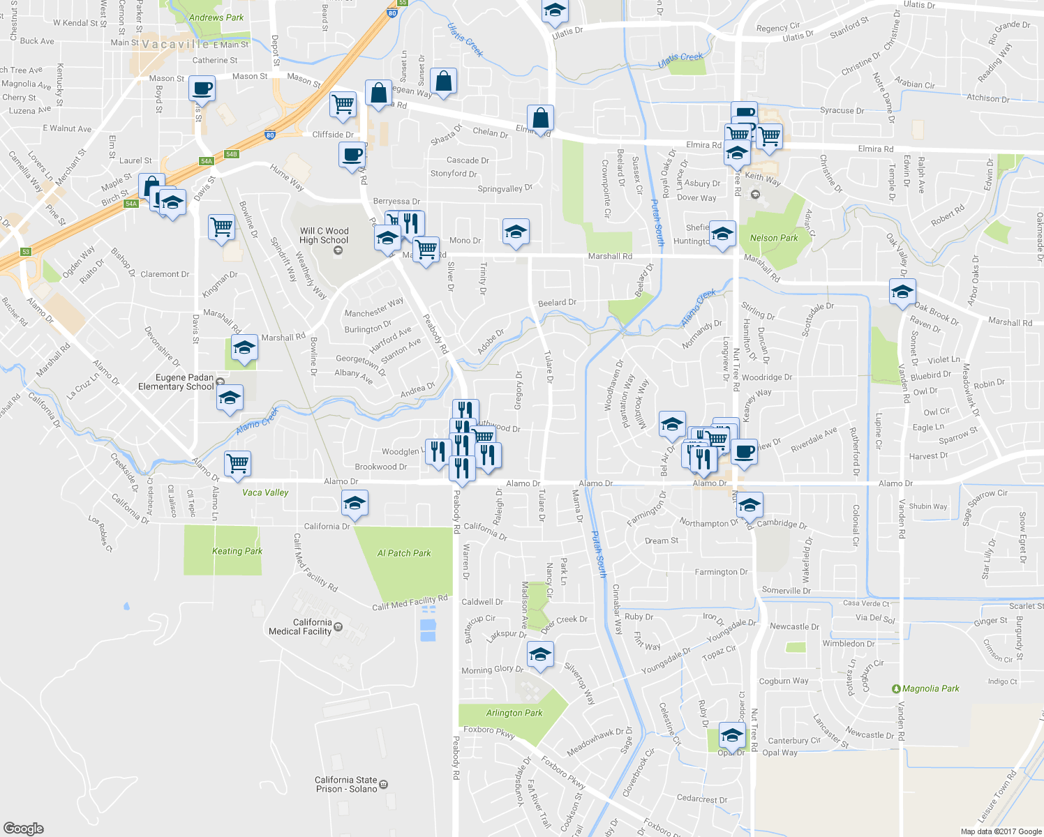 map of restaurants, bars, coffee shops, grocery stores, and more near 508 Gregory Drive in Vacaville