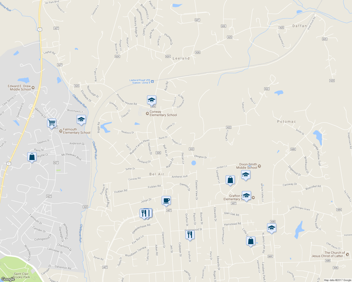 map of restaurants, bars, coffee shops, grocery stores, and more near 11 Hobart Lane in Fredericksburg