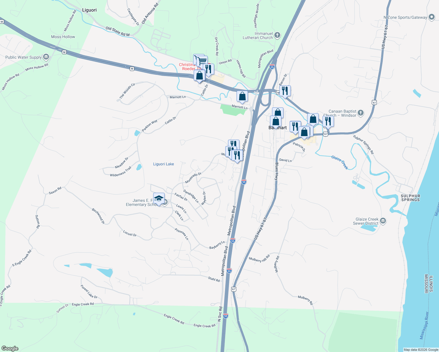 map of restaurants, bars, coffee shops, grocery stores, and more near 7066 Tuckahoe Ct in Barnhart
