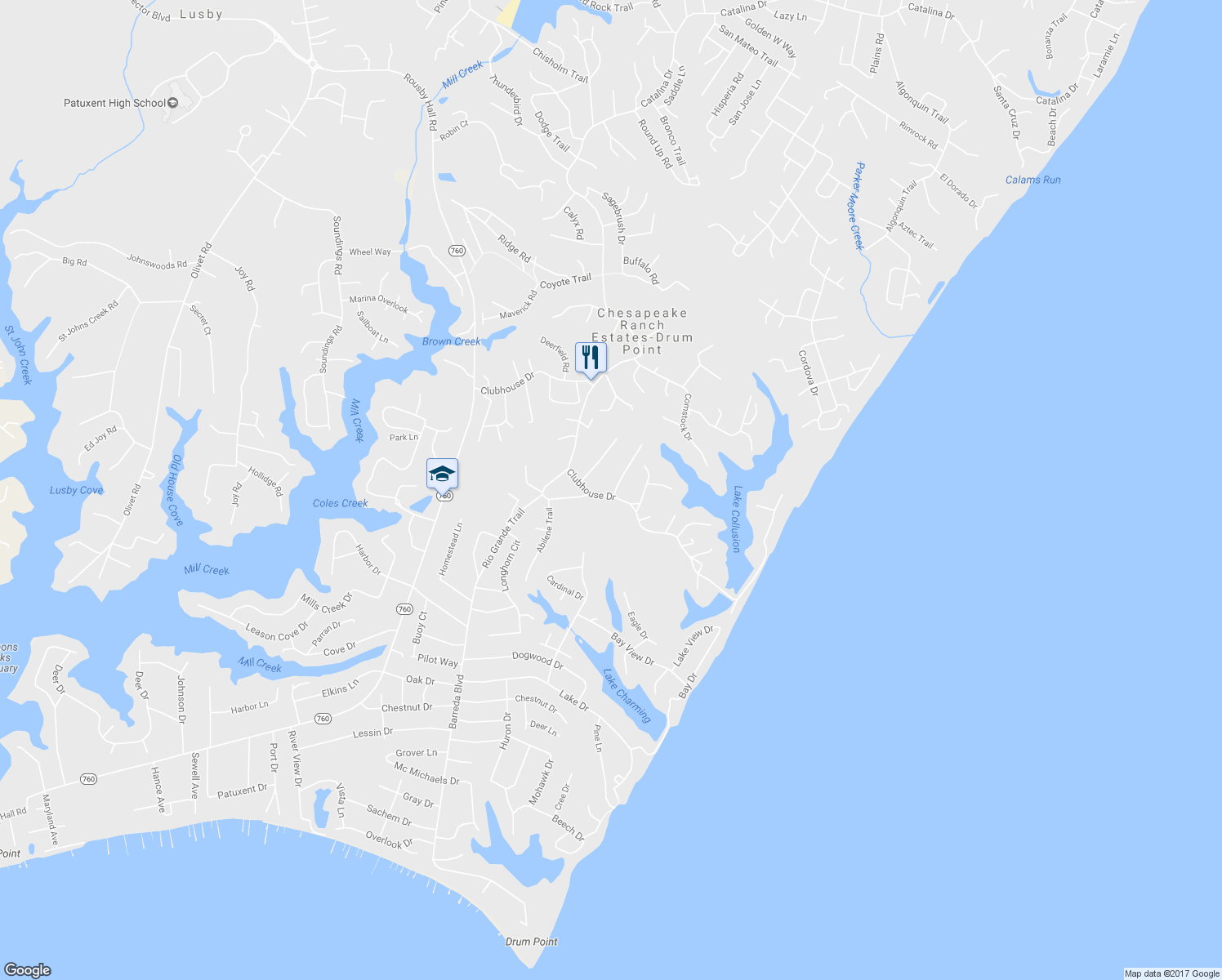 map of restaurants, bars, coffee shops, grocery stores, and more near 416 Clubhouse Drive in Lusby