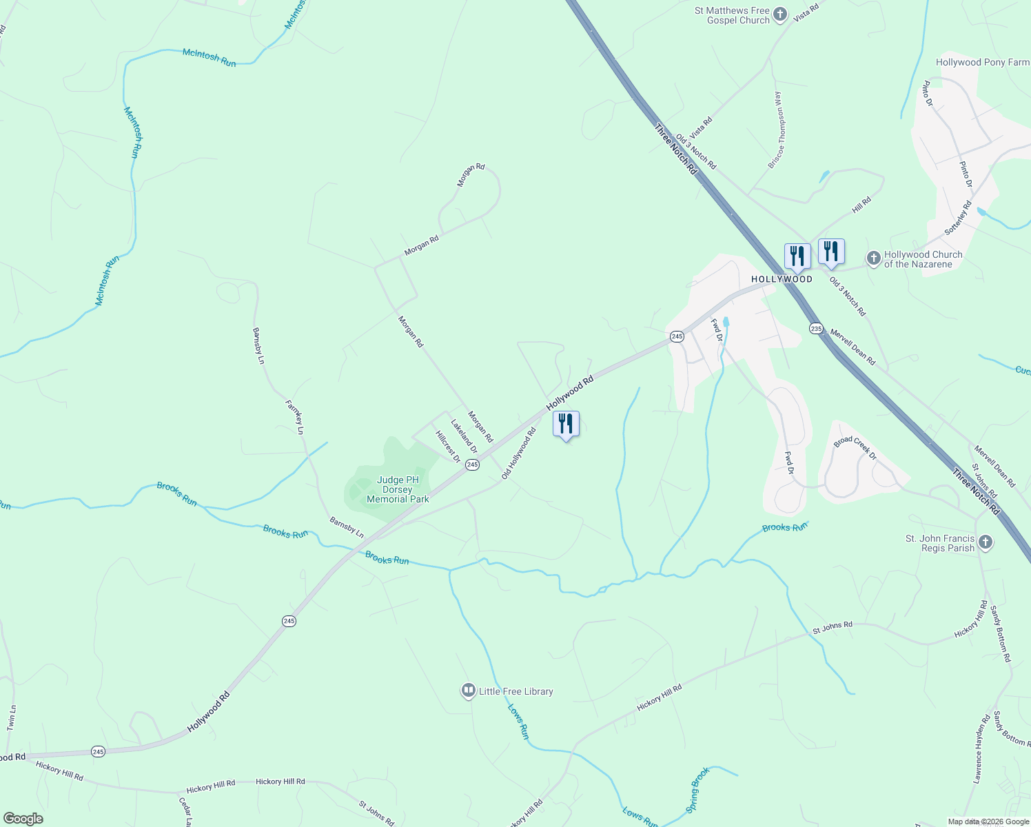 map of restaurants, bars, coffee shops, grocery stores, and more near 24435 Hollywood Road in Hollywood