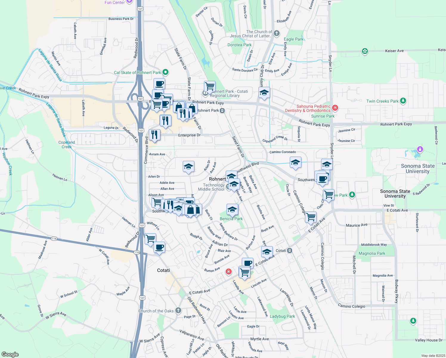 map of restaurants, bars, coffee shops, grocery stores, and more near in Rohnert Park