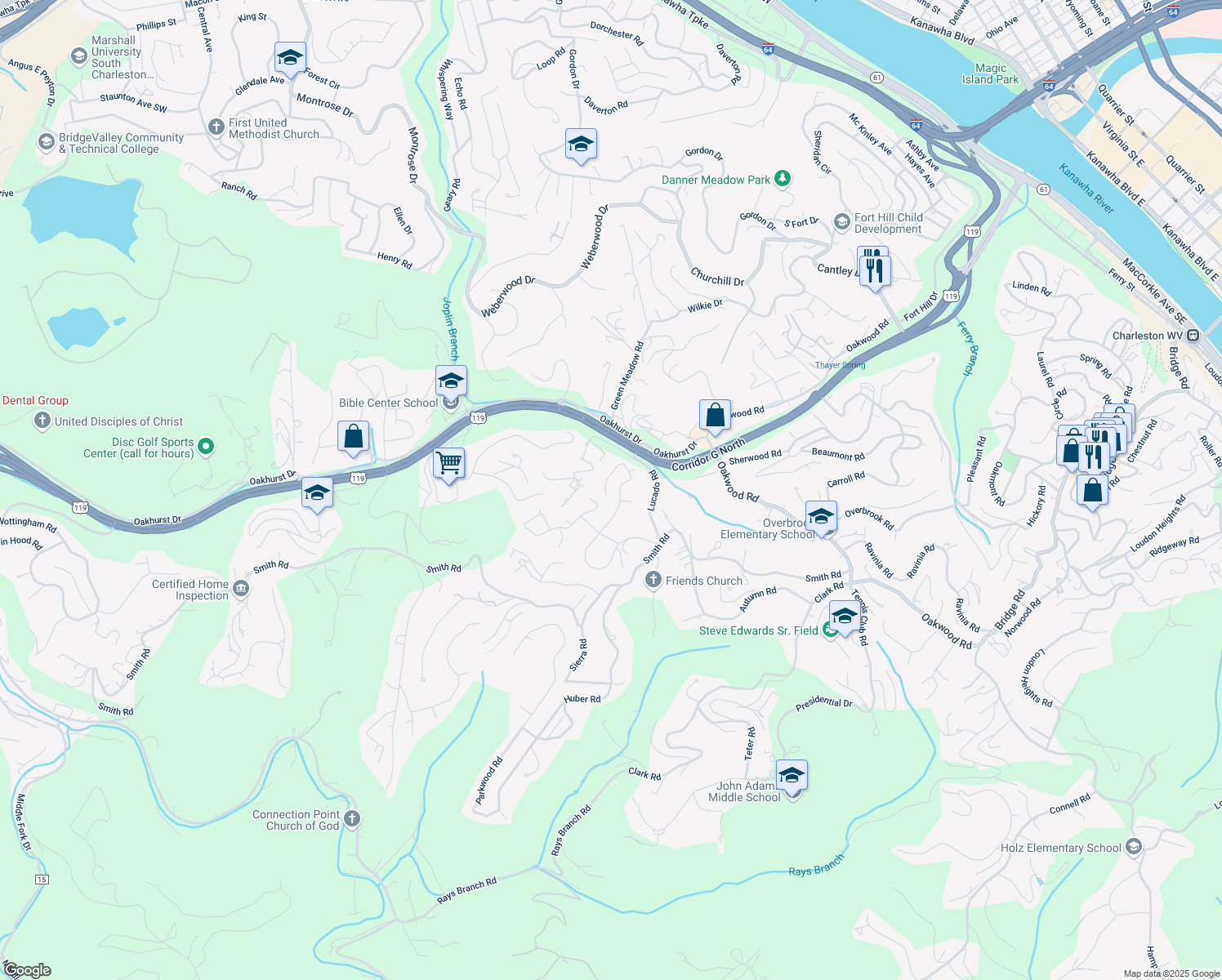 map of restaurants, bars, coffee shops, grocery stores, and more near 1626 Berkshire Pl in Charleston