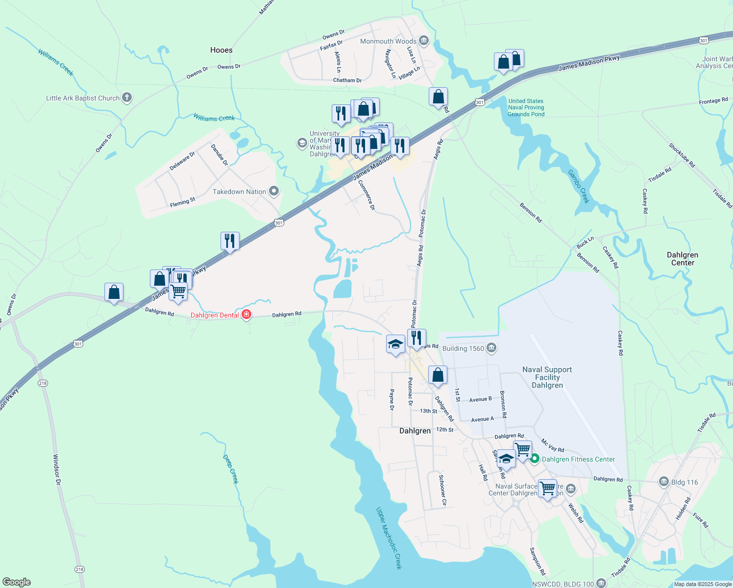 map of restaurants, bars, coffee shops, grocery stores, and more near 5218 Drakes Court in King George