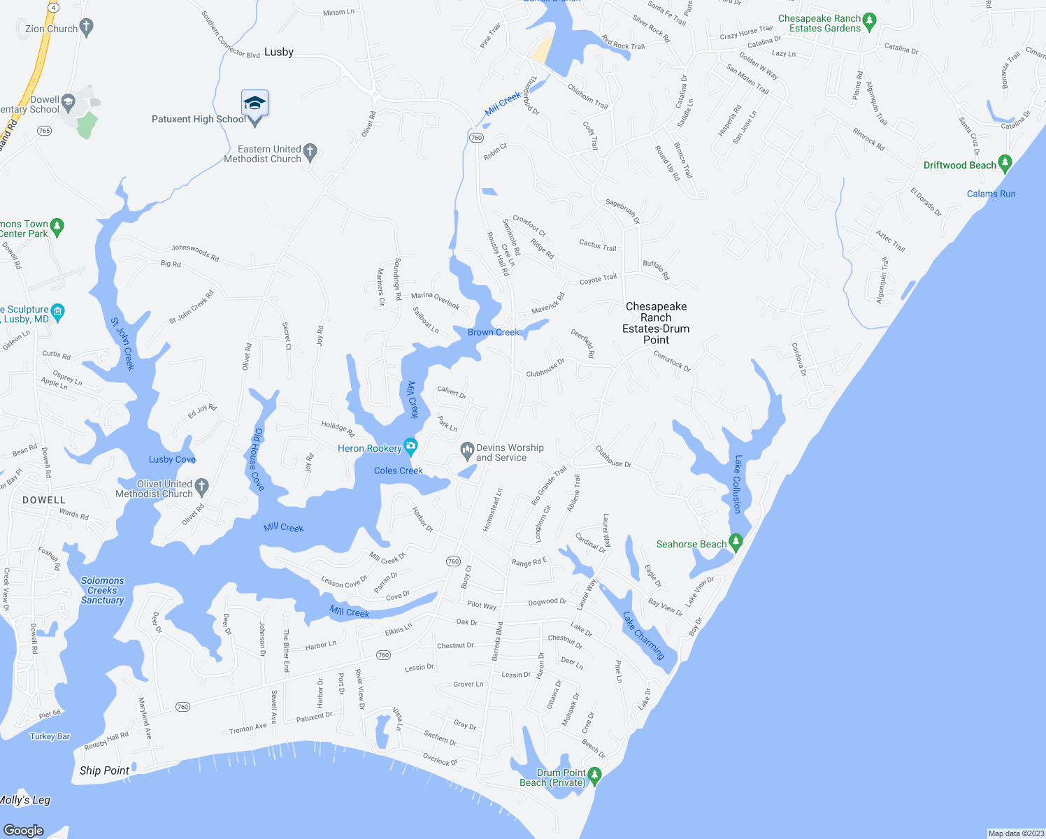 map of restaurants, bars, coffee shops, grocery stores, and more near 12646 High Sierra Road in Lusby