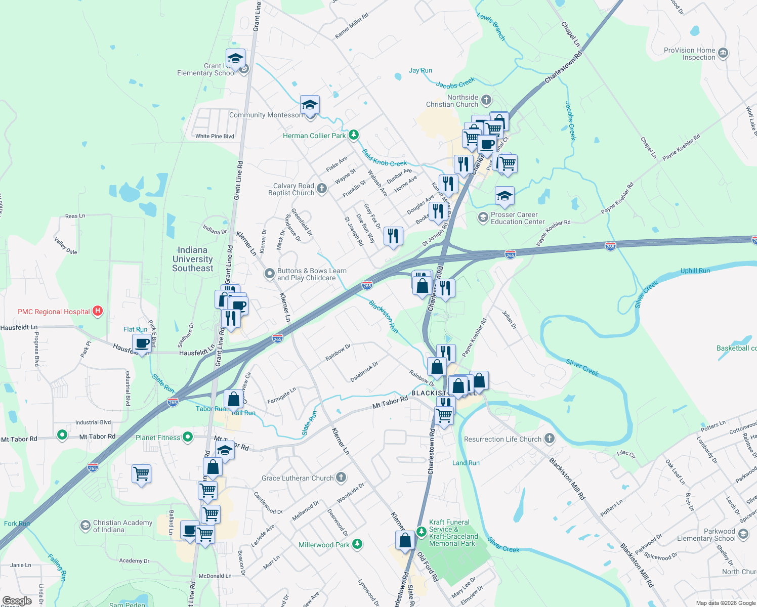map of restaurants, bars, coffee shops, grocery stores, and more near 3599 Joseph Ct in New Albany