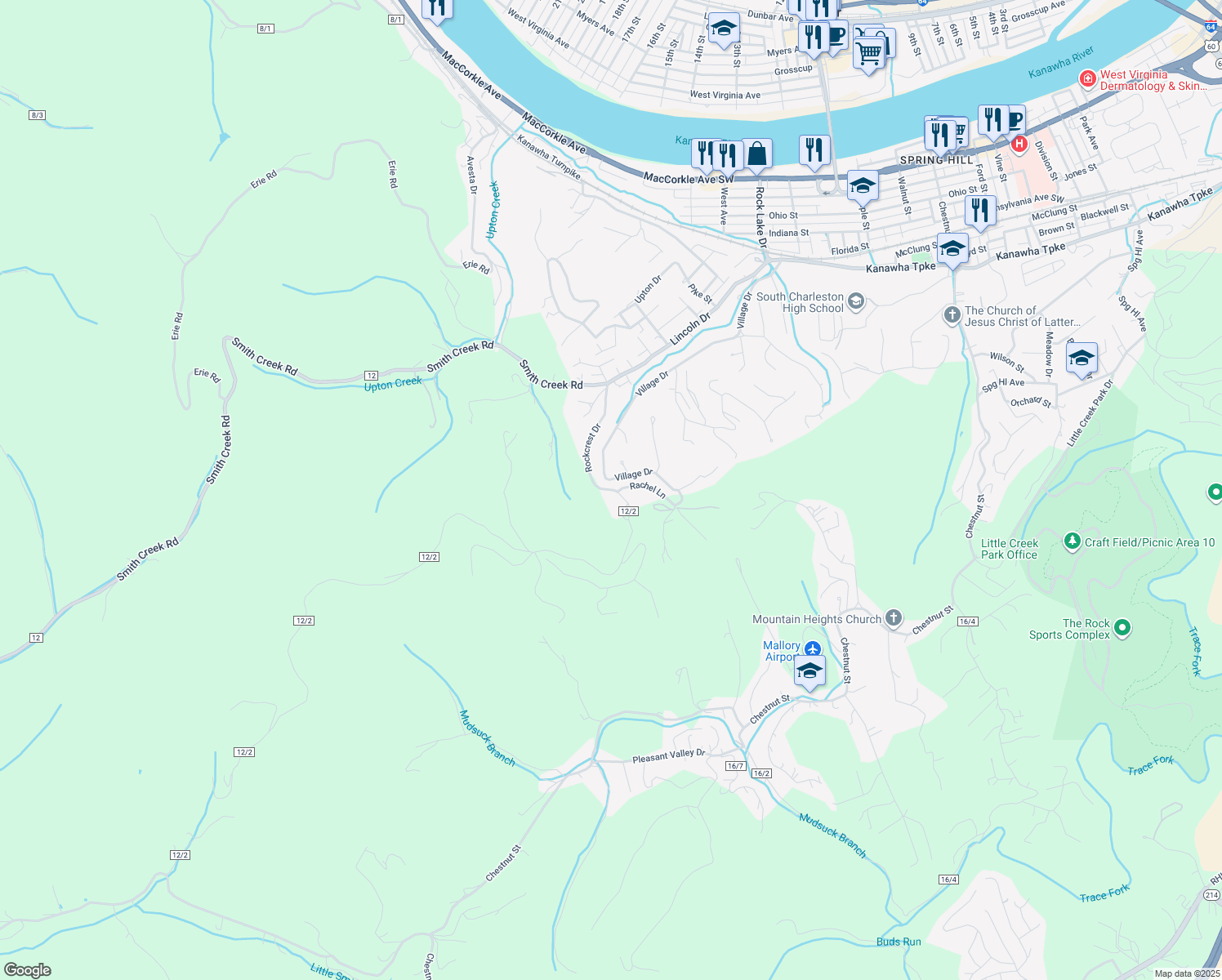 map of restaurants, bars, coffee shops, grocery stores, and more near 136 Rockcrest Dr in South Charleston