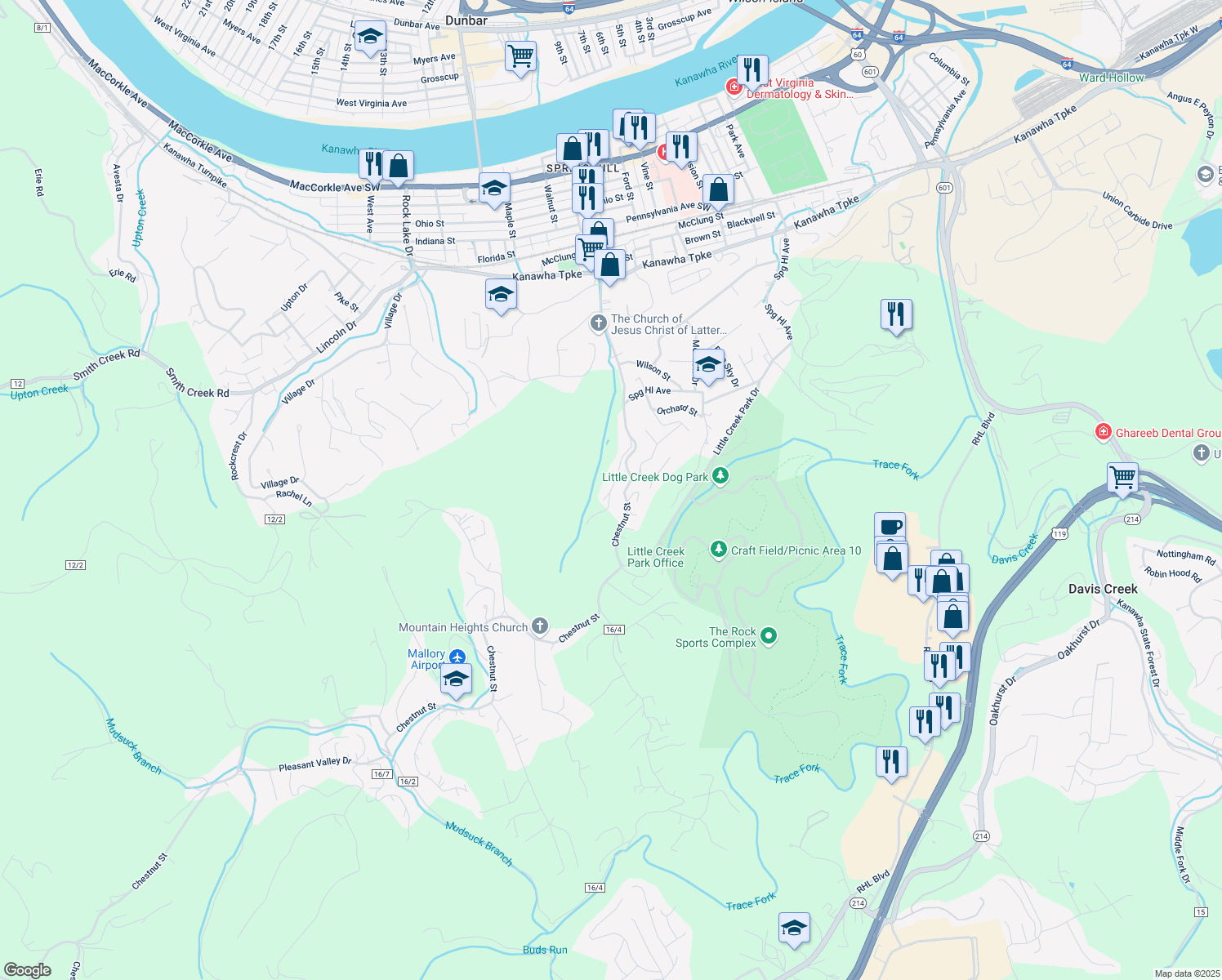 map of restaurants, bars, coffee shops, grocery stores, and more near Hannan Ln in Kanawha