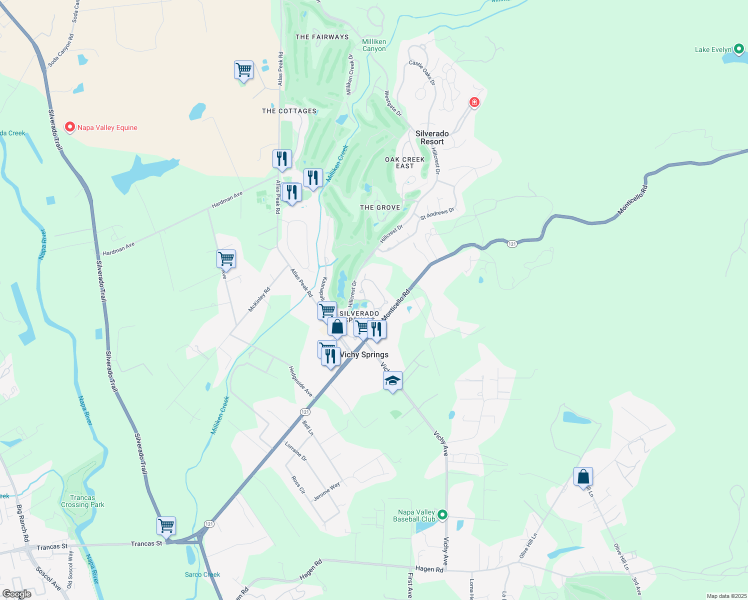 map of restaurants, bars, coffee shops, grocery stores, and more near 260 Silverado Springs Drive in Napa