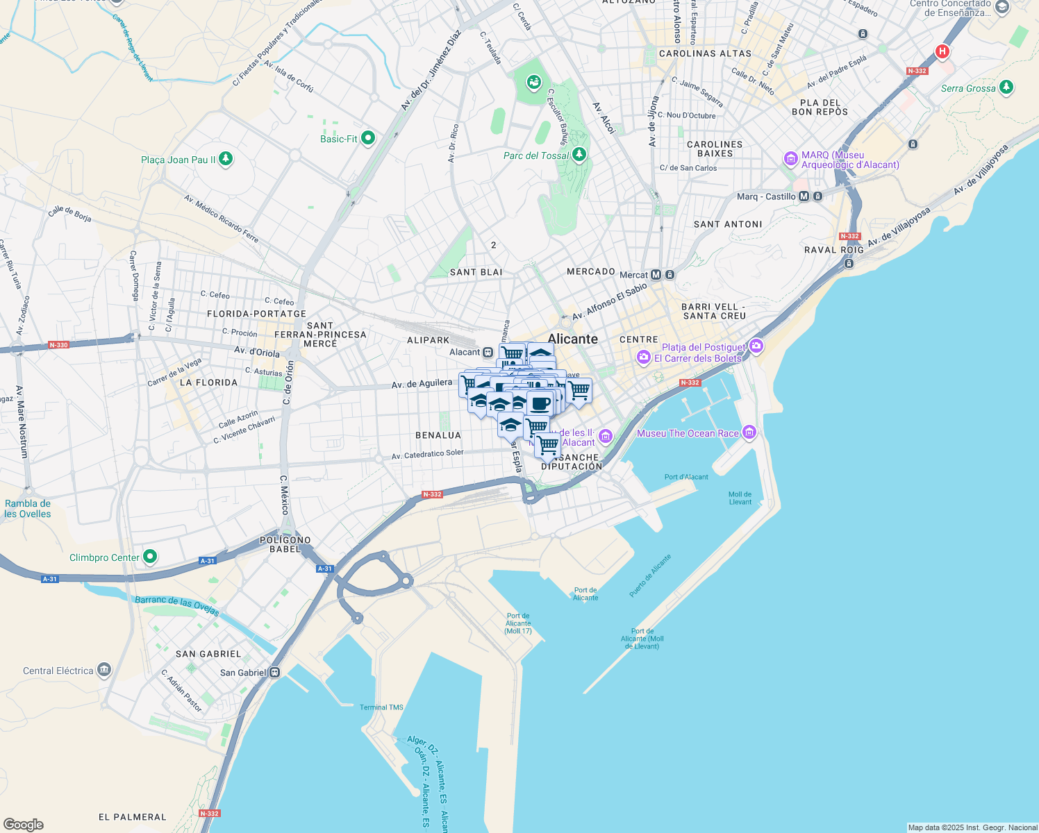 map of restaurants, bars, coffee shops, grocery stores, and more near 29 Carrer Arquitecto Morell in Alicante (Alacant)