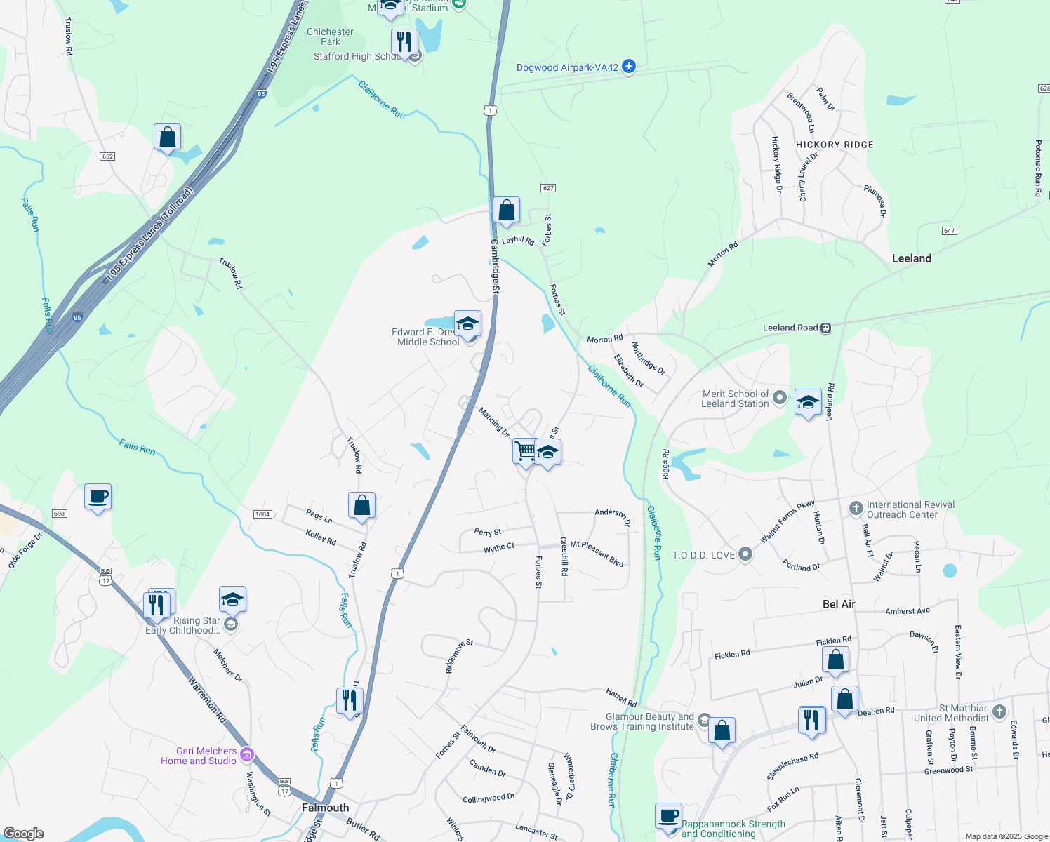 map of restaurants, bars, coffee shops, grocery stores, and more near 1129 James Madison Circle in Fredericksburg