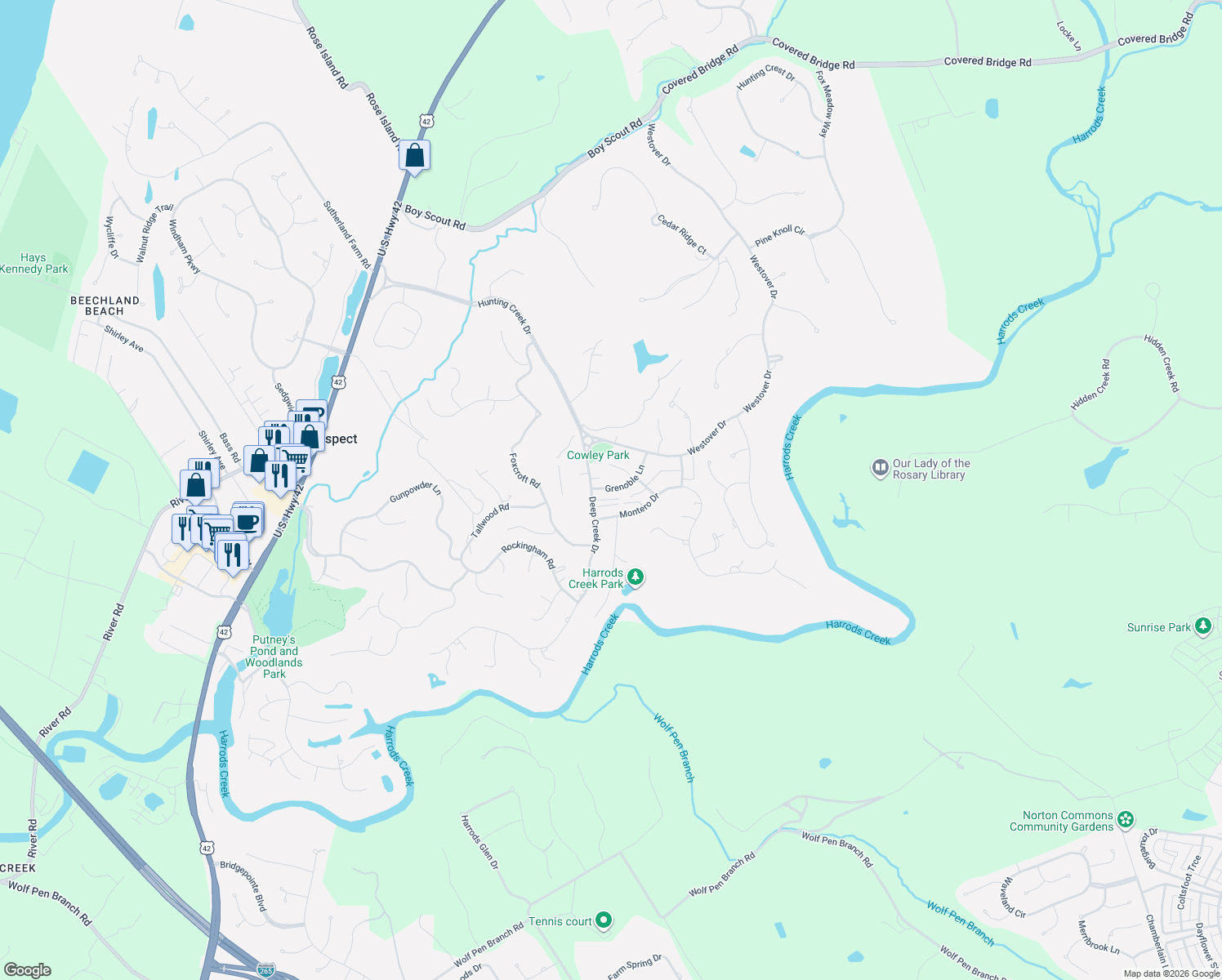 map of restaurants, bars, coffee shops, grocery stores, and more near 7812 Grenoble Lane in Prospect