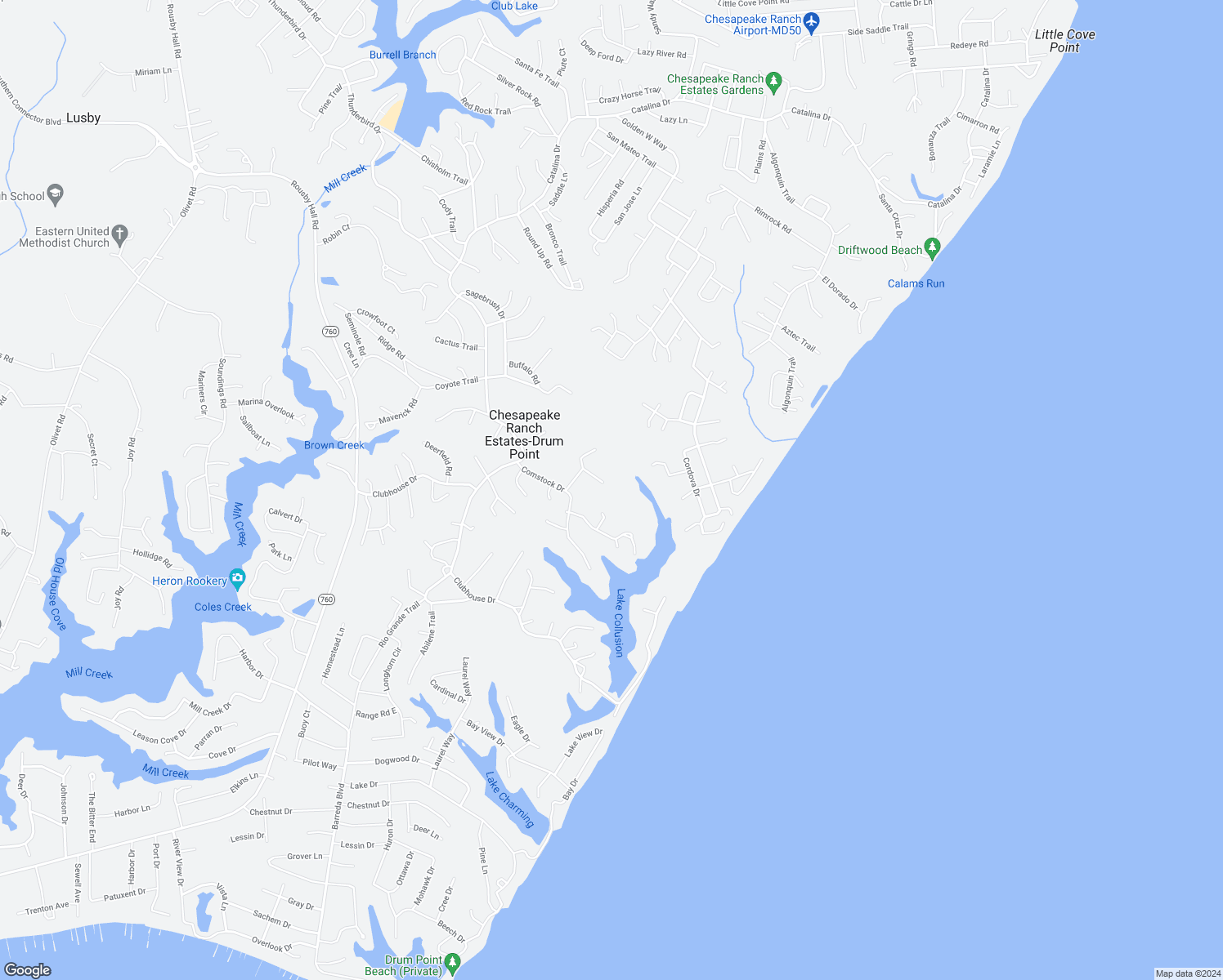 map of restaurants, bars, coffee shops, grocery stores, and more near 467 Hilltop Court in Lusby