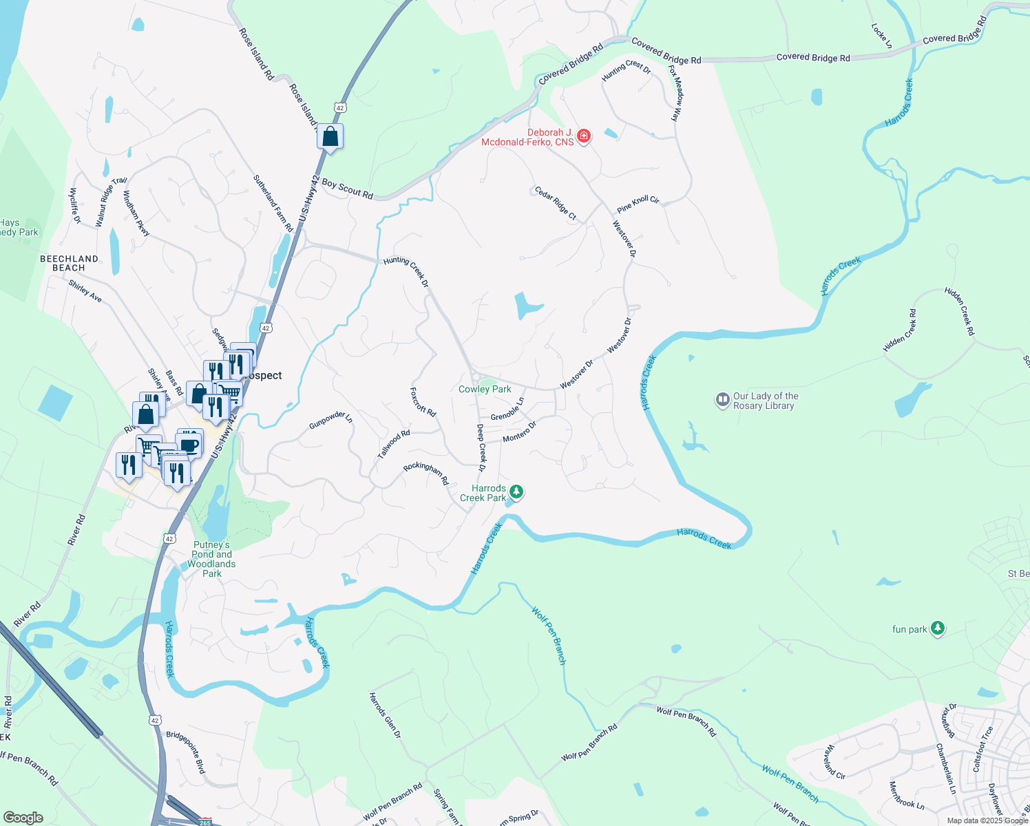 map of restaurants, bars, coffee shops, grocery stores, and more near 8001 Montero Drive in Prospect