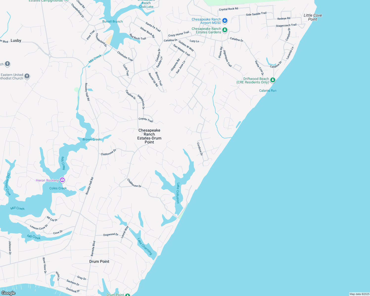 map of restaurants, bars, coffee shops, grocery stores, and more near 12742 Mescalaro Lane in Lusby
