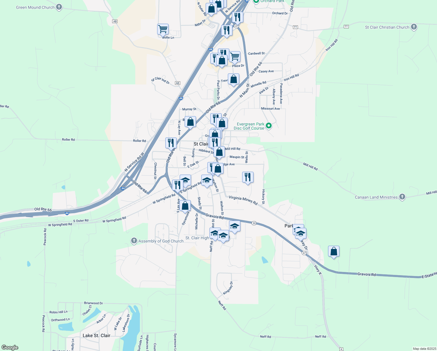 map of restaurants, bars, coffee shops, grocery stores, and more near 705 Virginia Mines Road in Saint Clair