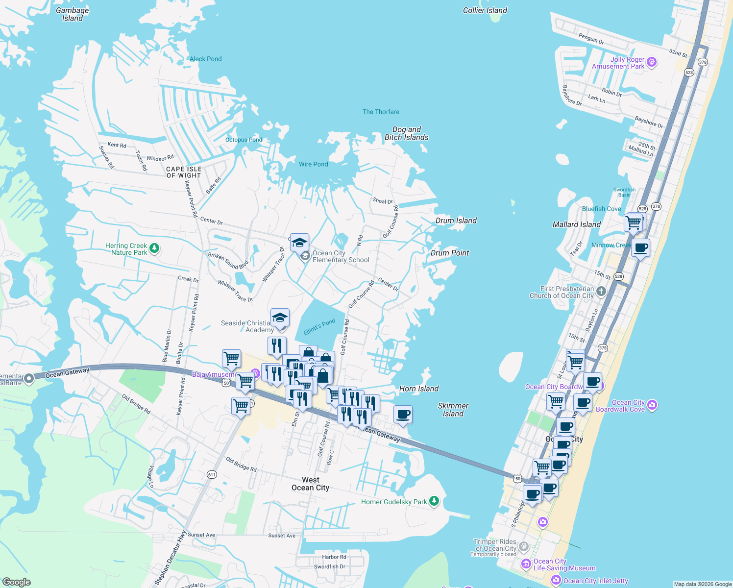 map of restaurants, bars, coffee shops, grocery stores, and more near 10222 Golf Course Rd in Ocean City