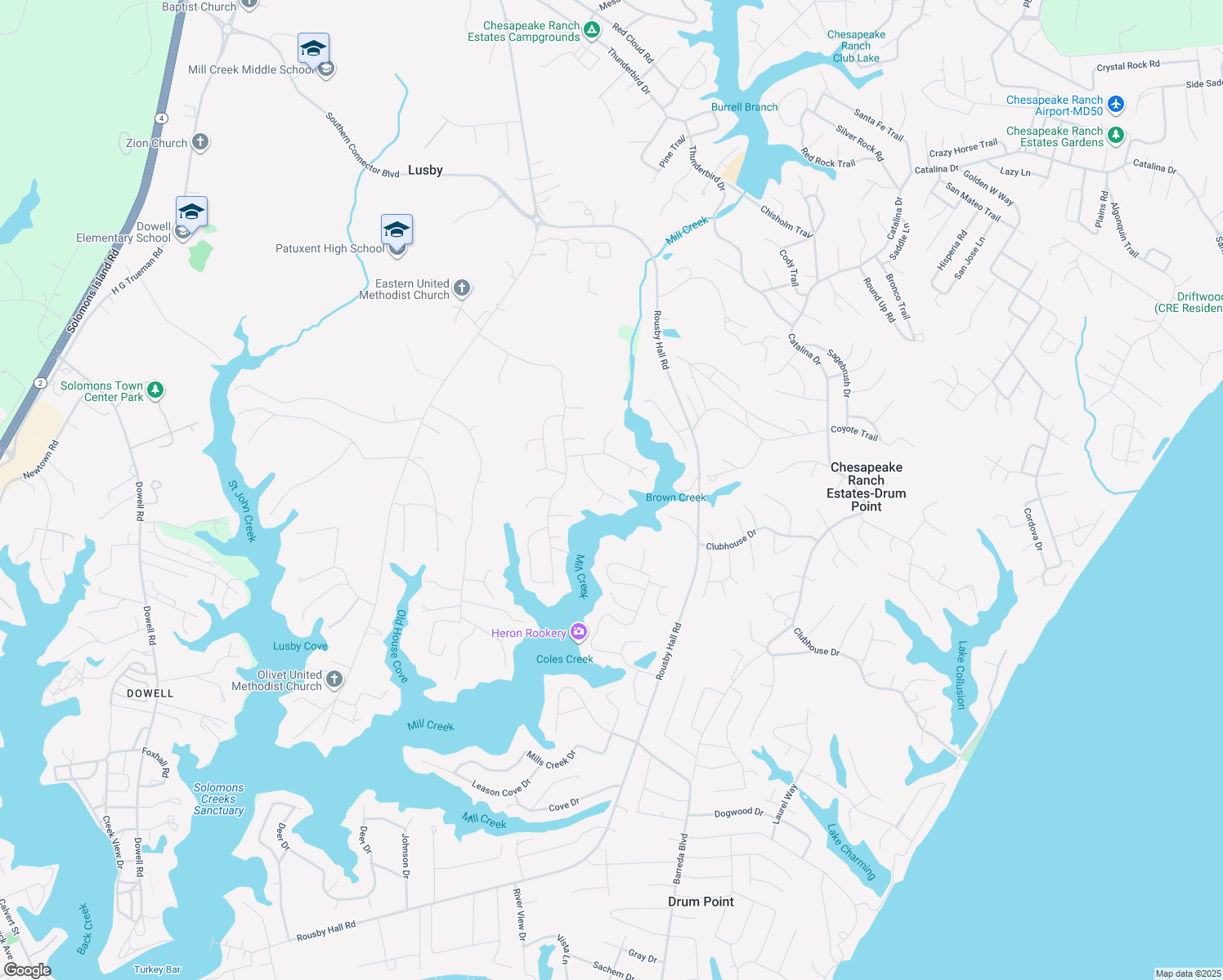 map of restaurants, bars, coffee shops, grocery stores, and more near 12984 Sailboat Lane in Lusby
