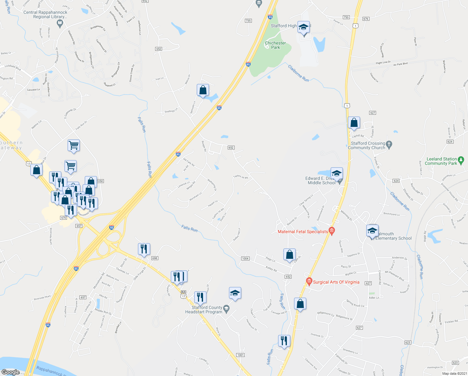 map of restaurants, bars, coffee shops, grocery stores, and more near Taylor Hill Way in Fredericksburg