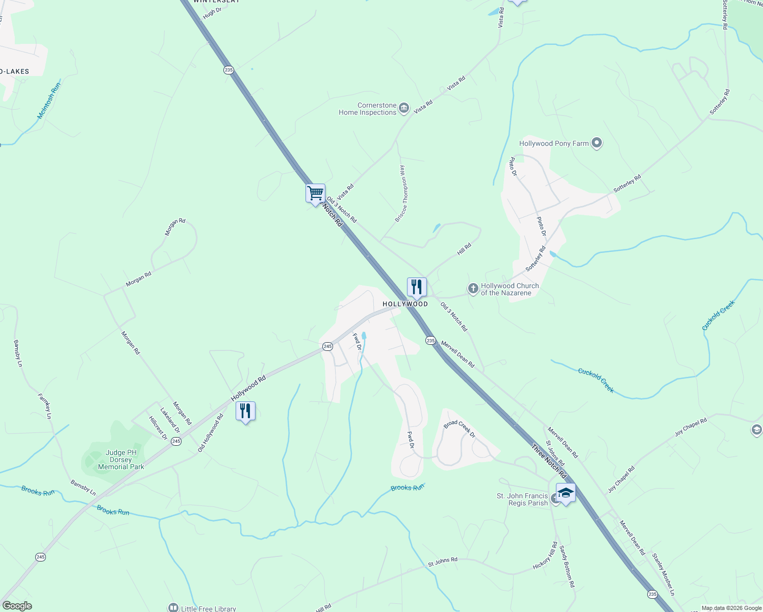 map of restaurants, bars, coffee shops, grocery stores, and more near 24695 Hollywood Road in Hollywood