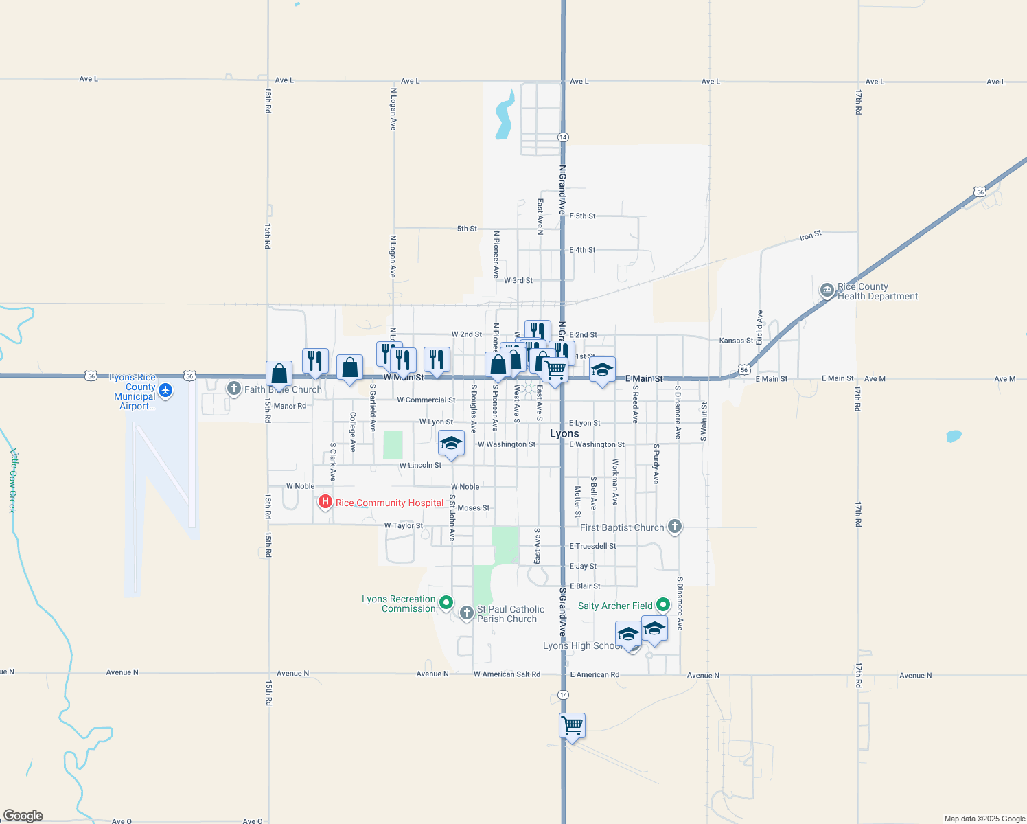 map of restaurants, bars, coffee shops, grocery stores, and more near 215 West Ave South in Lyons