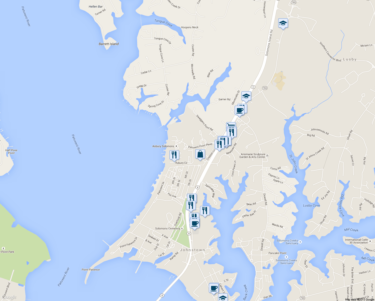 map of restaurants, bars, coffee shops, grocery stores, and more near Asbury Circle in Solomons