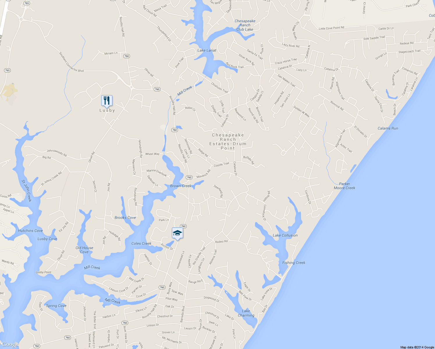 map of restaurants, bars, coffee shops, grocery stores, and more near 352 Towanda Trail in Lusby