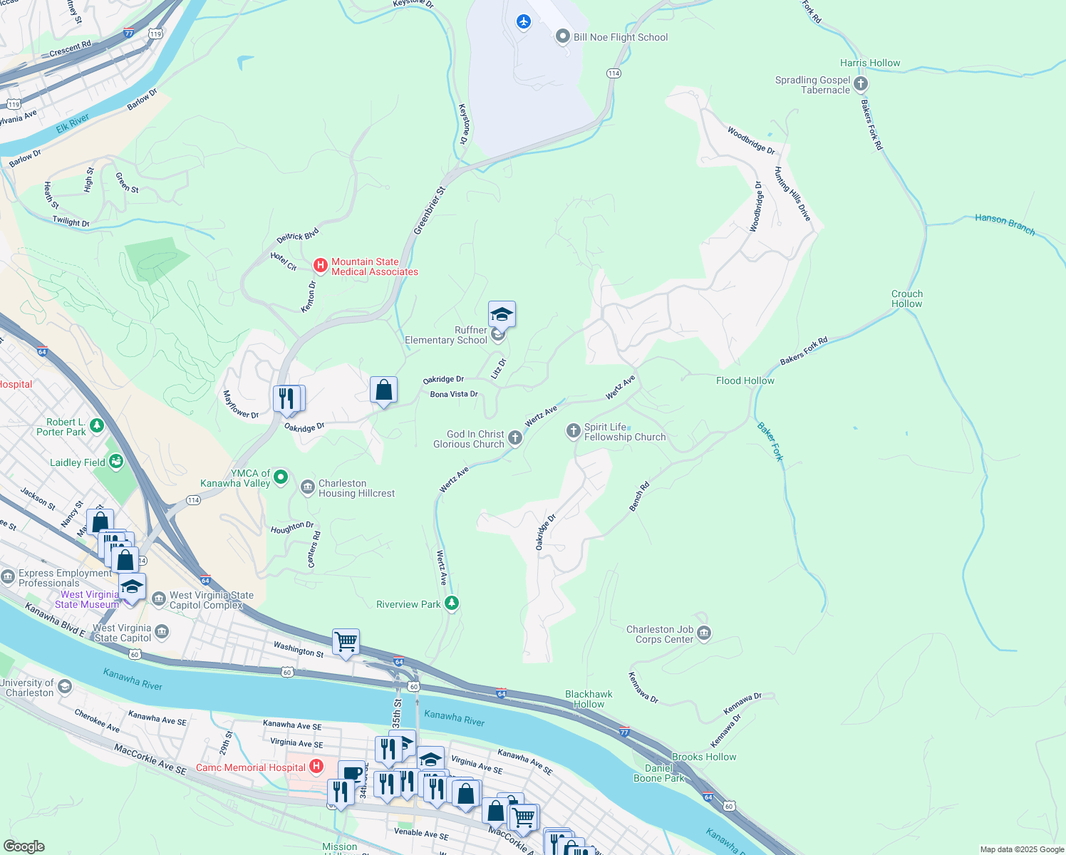map of restaurants, bars, coffee shops, grocery stores, and more near 424 Wertz Avenue in Charleston