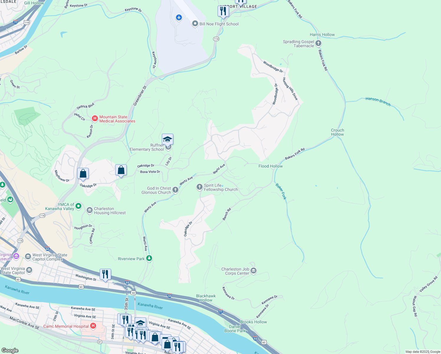 map of restaurants, bars, coffee shops, grocery stores, and more near 424 Wertz Avenue in Charleston