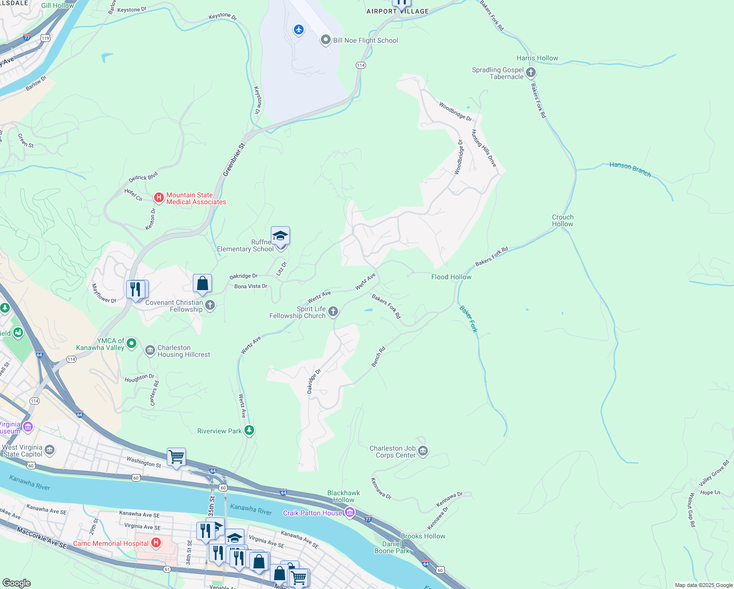 map of restaurants, bars, coffee shops, grocery stores, and more near 2114 Oakridge Drive in Charleston