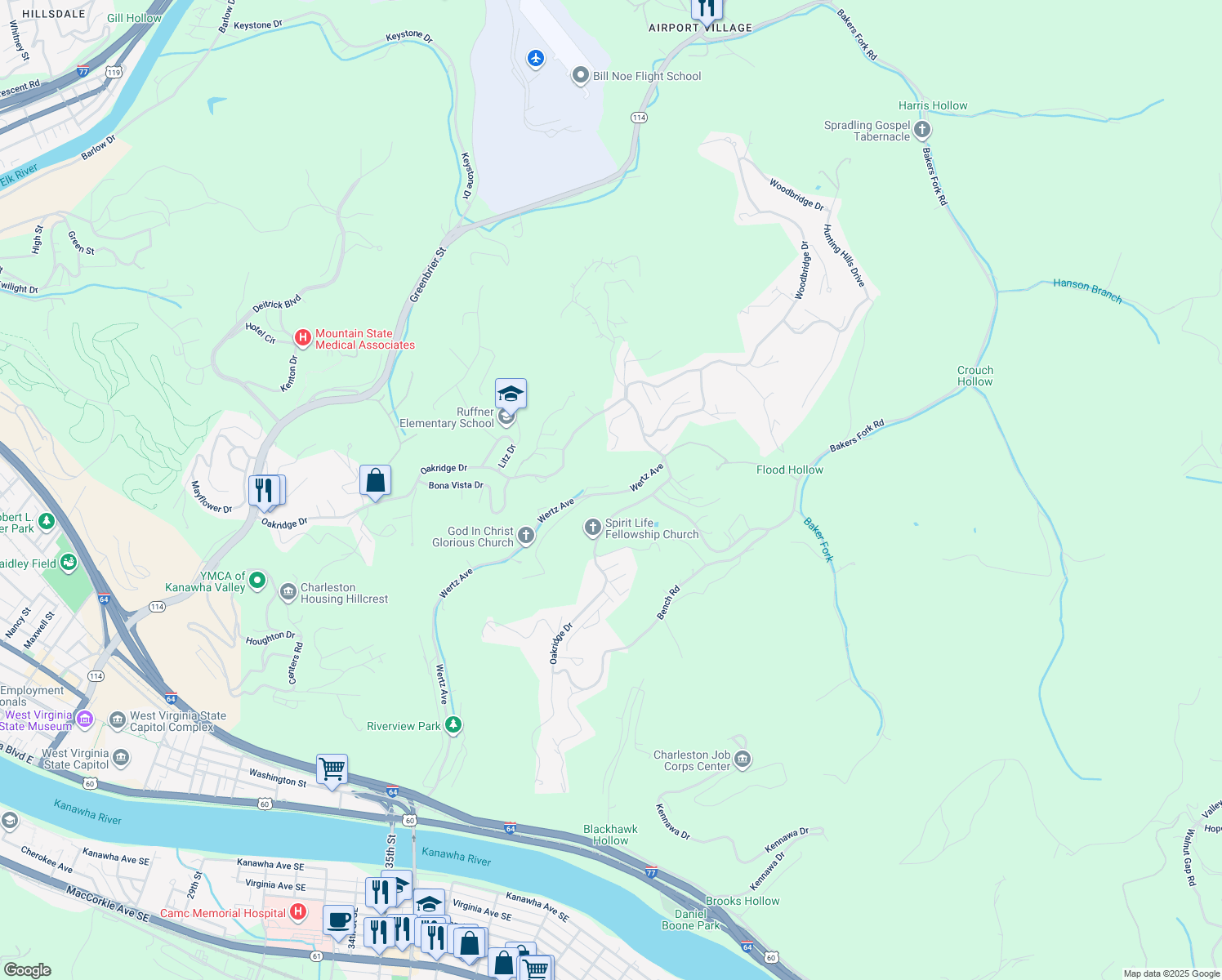 map of restaurants, bars, coffee shops, grocery stores, and more near 300-398 Wertz Avenue in Charleston
