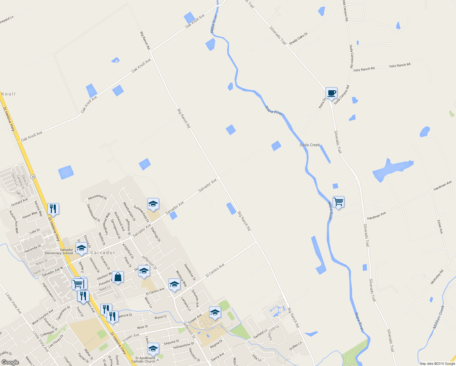 map of restaurants, bars, coffee shops, grocery stores, and more near 3140 Big Ranch Road in Napa