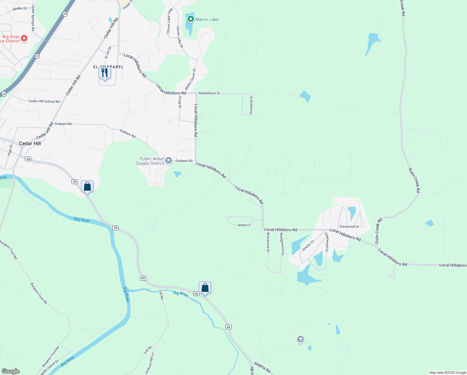 map of restaurants, bars, coffee shops, grocery stores, and more near 7648 Local Hillsboro Road in Cedar Hill