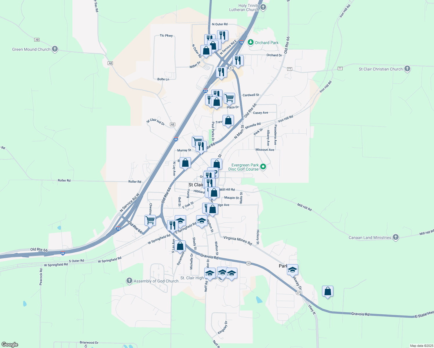 map of restaurants, bars, coffee shops, grocery stores, and more near 160 North Main Street in Saint Clair