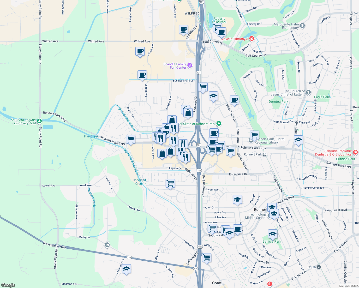map of restaurants, bars, coffee shops, grocery stores, and more near 6298 Redwood Dr in Rohnert Park
