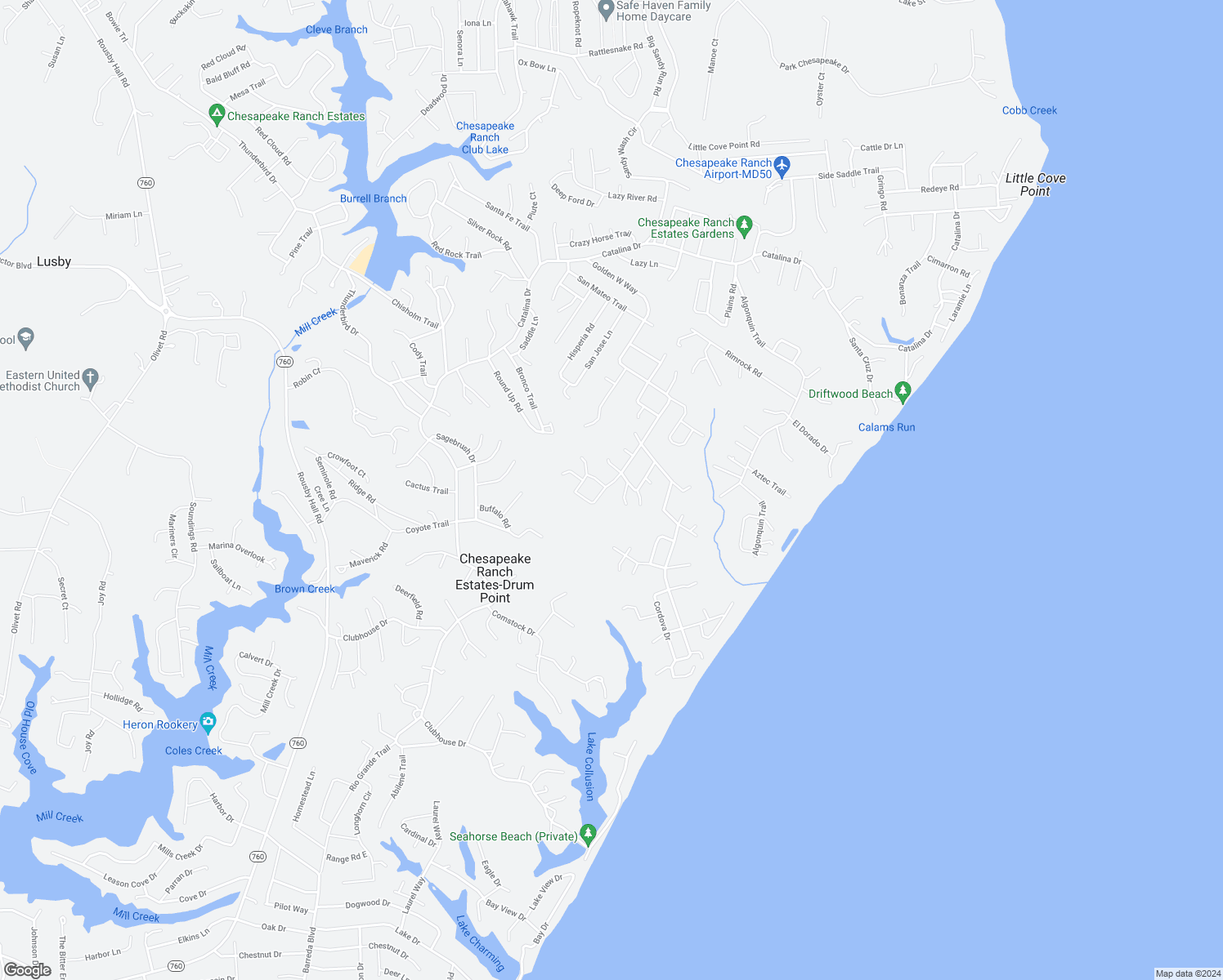 map of restaurants, bars, coffee shops, grocery stores, and more near 12582 Santa Rosa Circle in Lusby