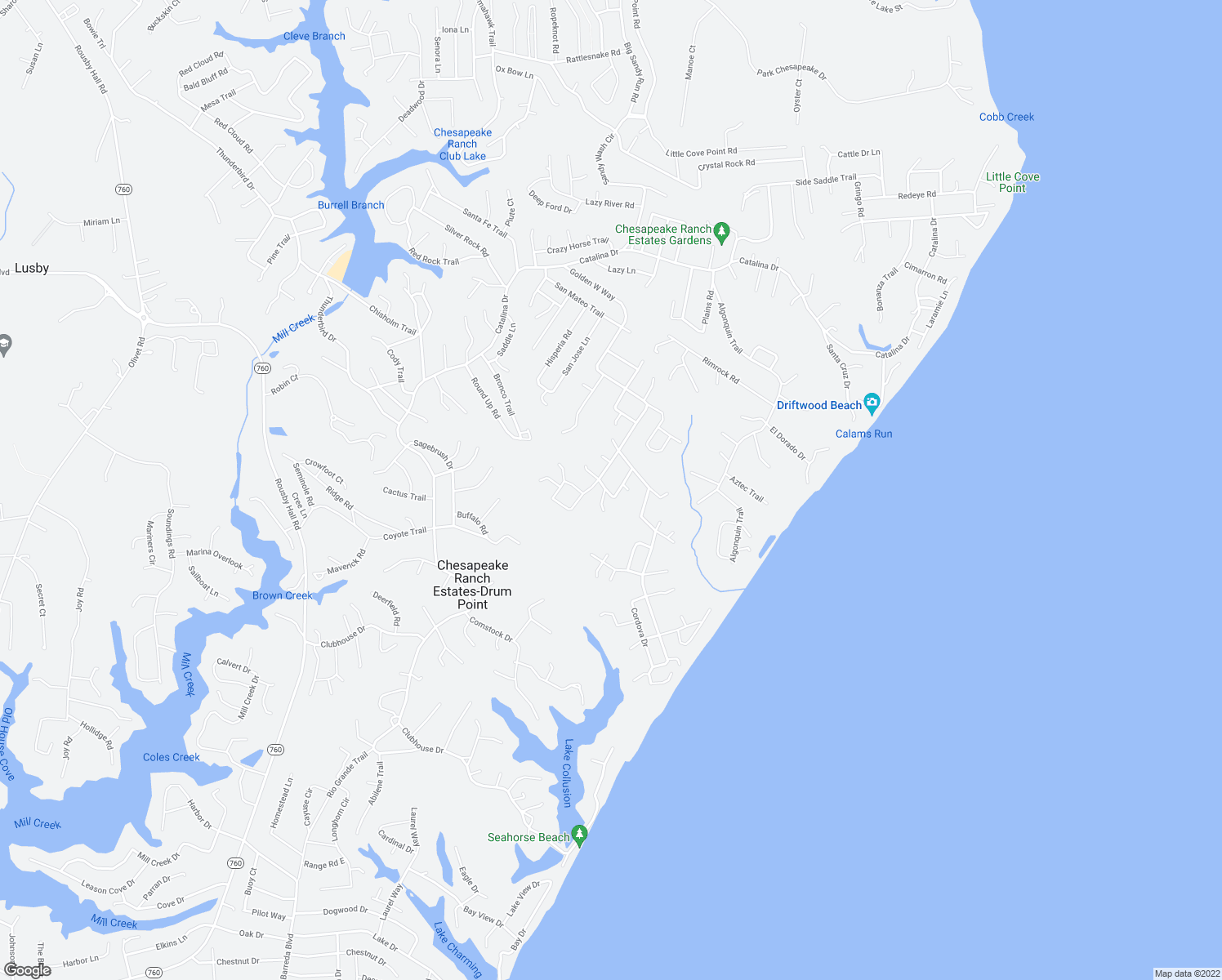 map of restaurants, bars, coffee shops, grocery stores, and more near 1010 Childress Trail in Lusby