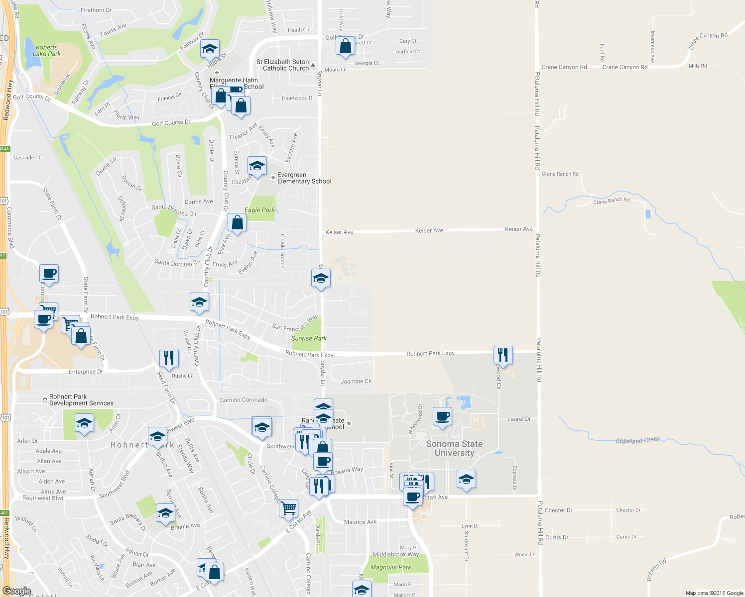 map of restaurants, bars, coffee shops, grocery stores, and more near 1482 Parkway Drive in Rohnert Park