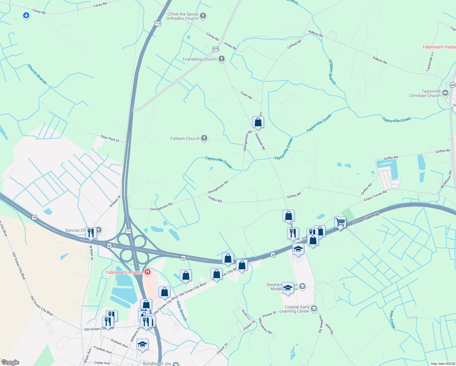 map of restaurants, bars, coffee shops, grocery stores, and more near 10376 Georgetown Road in Berlin