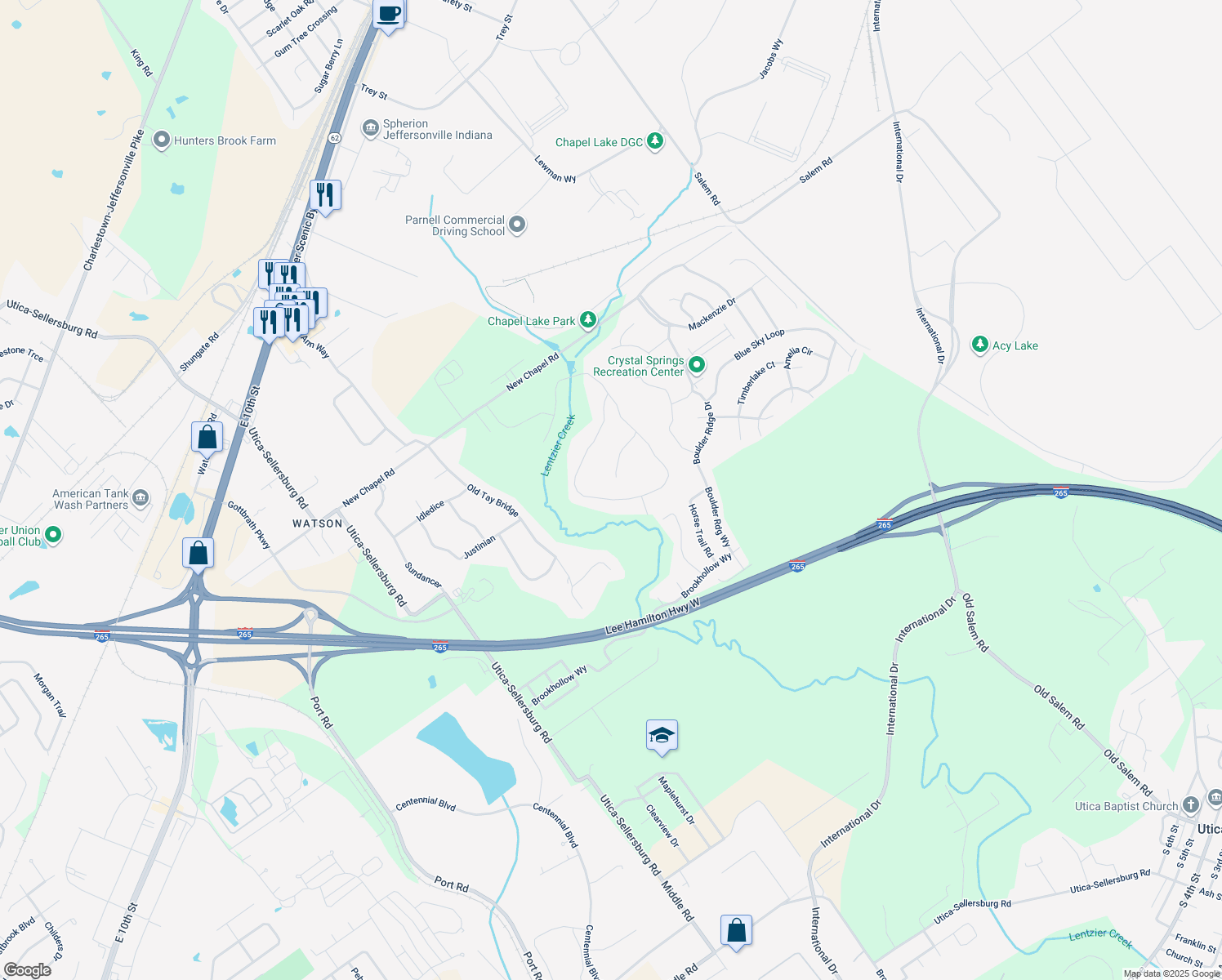 map of restaurants, bars, coffee shops, grocery stores, and more near 5617 Bailey Grant Road in Jeffersonville