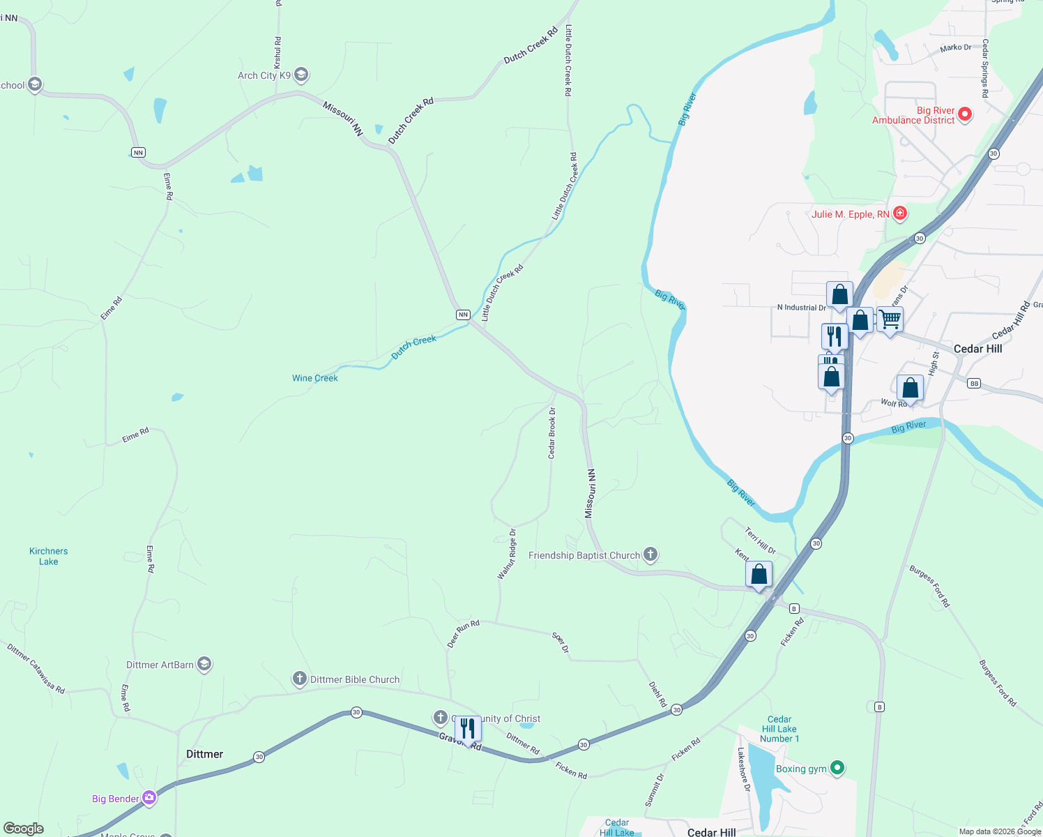 map of restaurants, bars, coffee shops, grocery stores, and more near 6201 Cedar Brook Drive in Cedar Hill