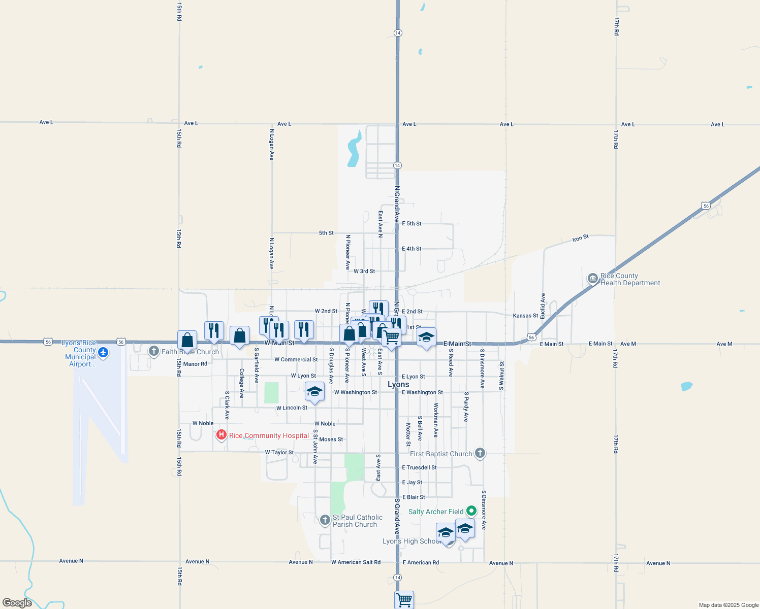 map of restaurants, bars, coffee shops, grocery stores, and more near 321 East Ave North in Lyons