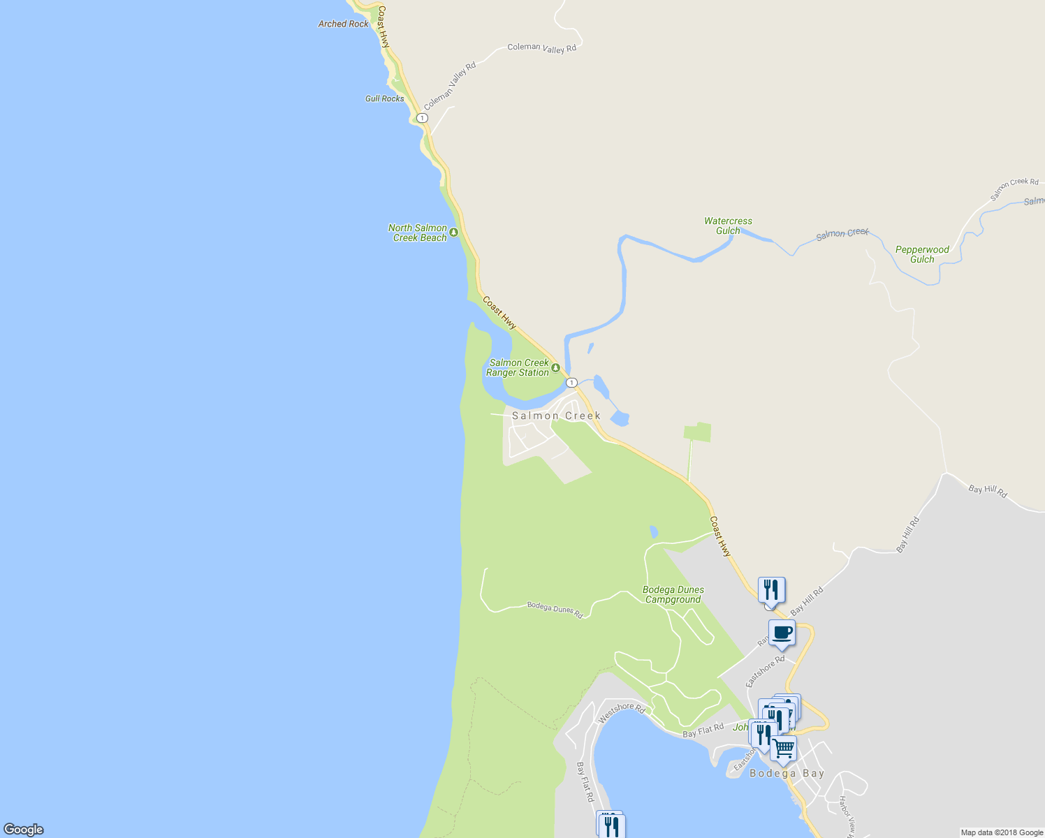 map of restaurants, bars, coffee shops, grocery stores, and more near 260 Bean Avenue in Bodega Bay