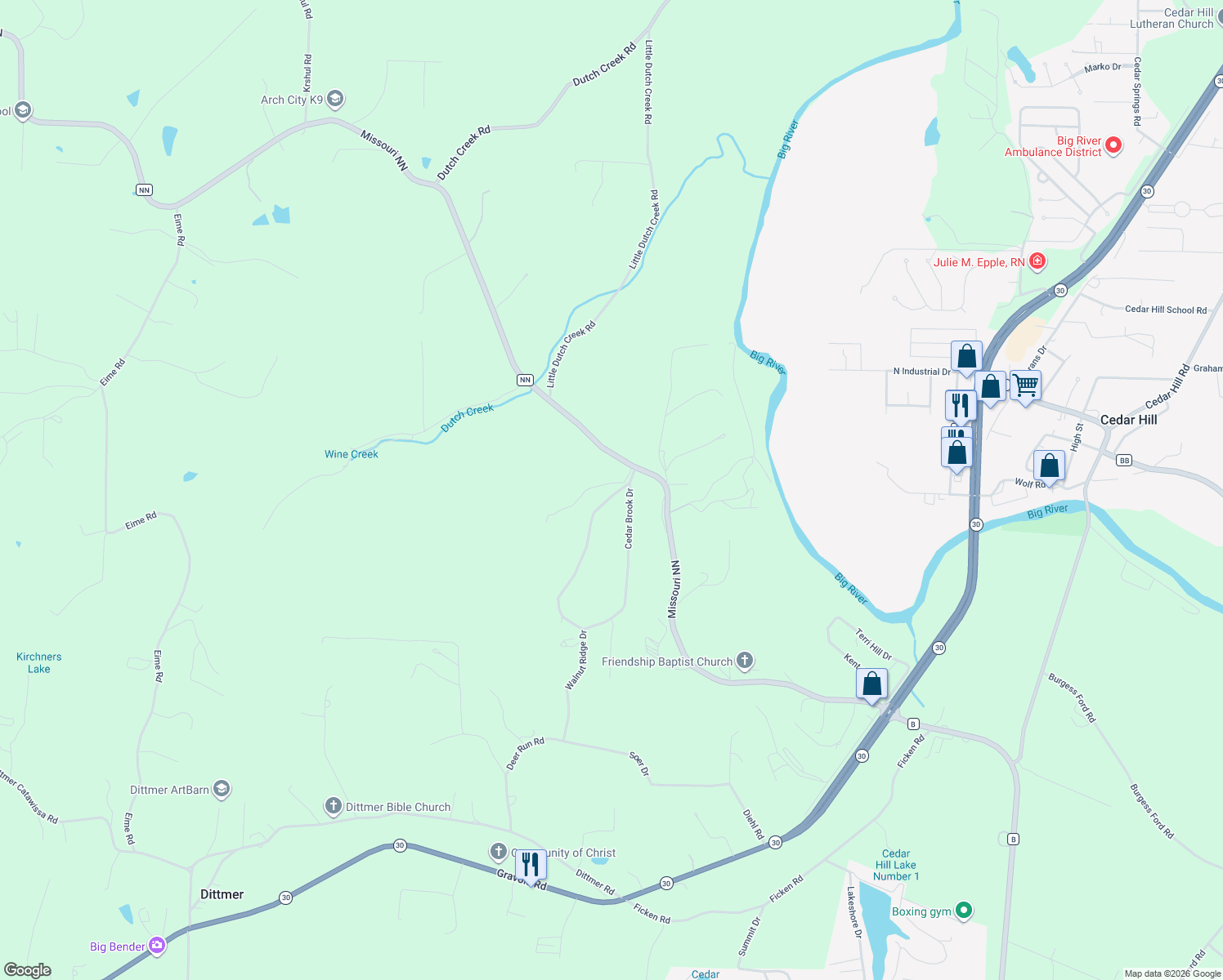 map of restaurants, bars, coffee shops, grocery stores, and more near 6201 Cedar Brook Drive in Cedar Hill