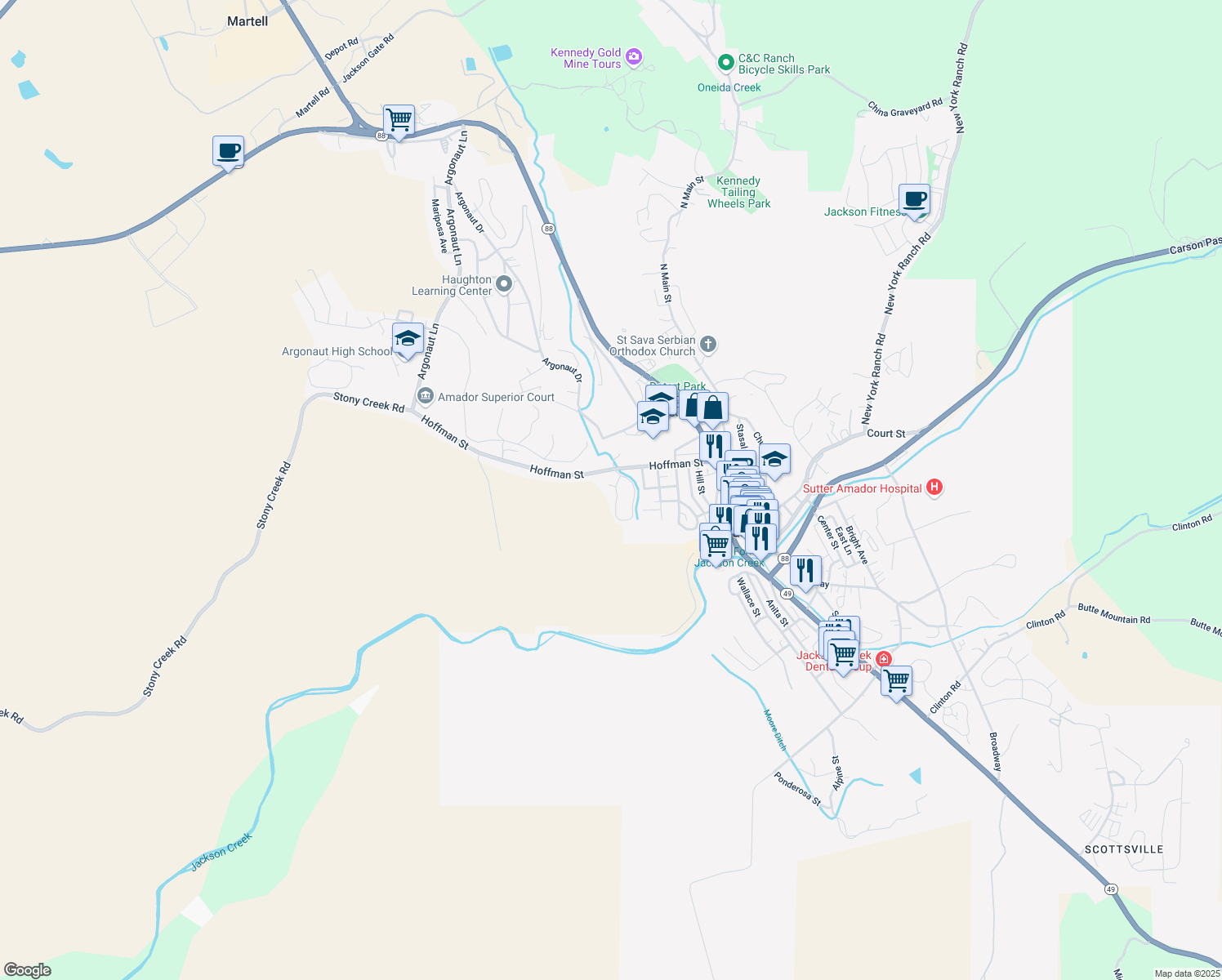 map of restaurants, bars, coffee shops, grocery stores, and more near 317 West Sierra View Drive in Jackson